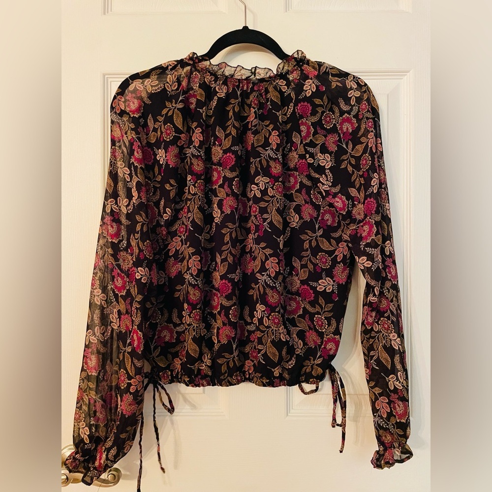 LOFT Black Floral Long-Sleeve Blouse with Pink and Tan Accents - Picture 3 of 3